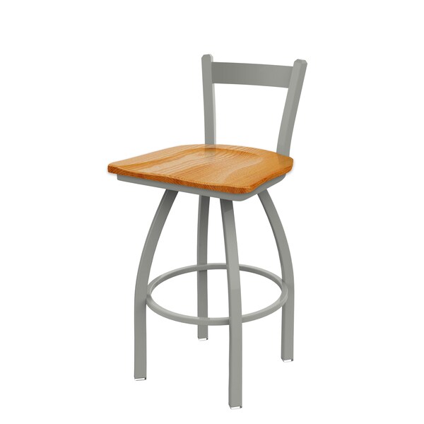 25" Low Back Swivel Counter Stool, Nickel Finish, Med Oak Seat